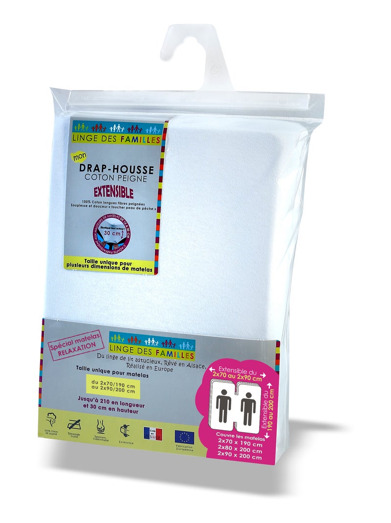 Drap-Housse Extensible 100% Coton - Grand Bonnet - Linge des Familles Blanc - Kiabi