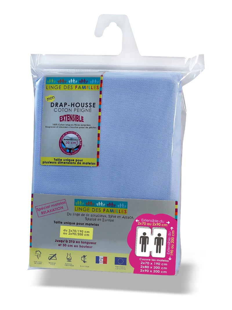 Drap-Housse Extensible 100% Coton - Grand Bonnet - Linge des Familles Bleu ciel - Kiabi