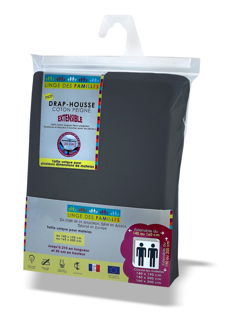 Drap-Housse Extensible 100% Coton - Grand Bonnet - Linge des Familles Gris foncé - Kiabi