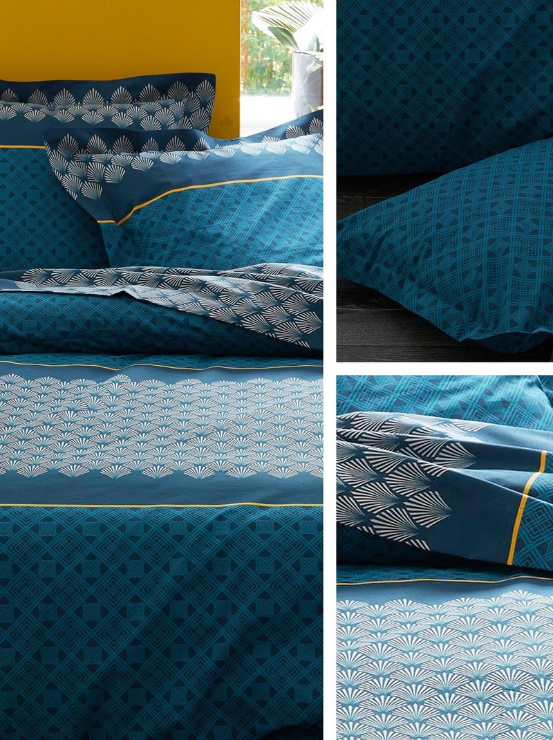 Drap housse imprimé coton TALISMAN Bonnet de 30 cm Bleu pétrole - Kiabi
