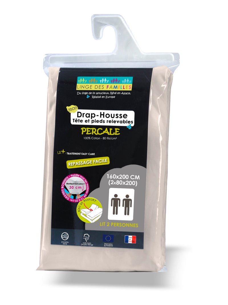 Drap-Housse Percale 100% Coton - 80 fils/cm² - Grand Bonnet - Linge des Familles Beige - Kiabi