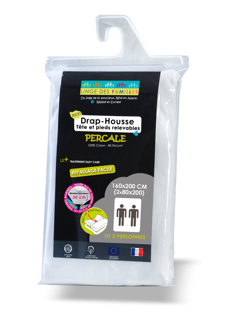 Drap-Housse Percale 100% Coton - 80 fils/cm² - Grand Bonnet - Linge des Familles Blanc - Kiabi