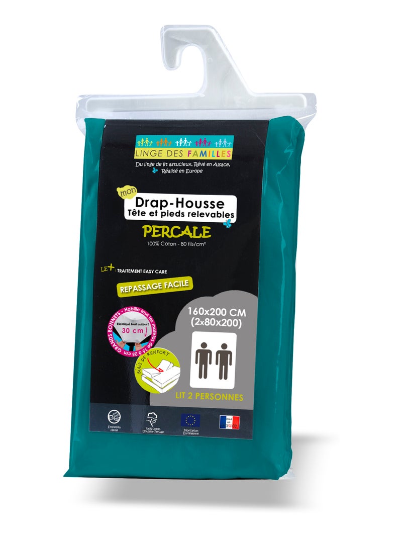 Drap-Housse Percale 100% Coton - 80 fils/cm² - Grand Bonnet - Linge des Familles Bleu canard - Kiabi