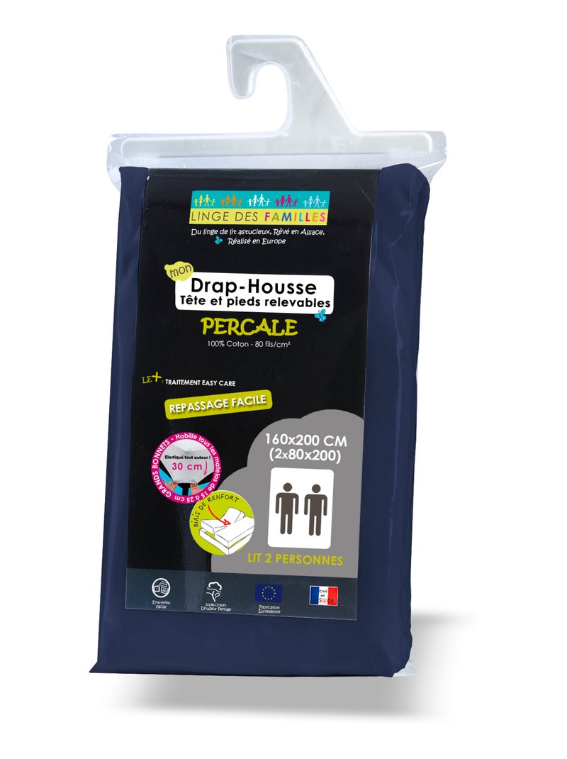 Drap-Housse Percale 100% Coton - 80 fils/cm² - Grand Bonnet - Linge des Familles Bleu nuit - Kiabi