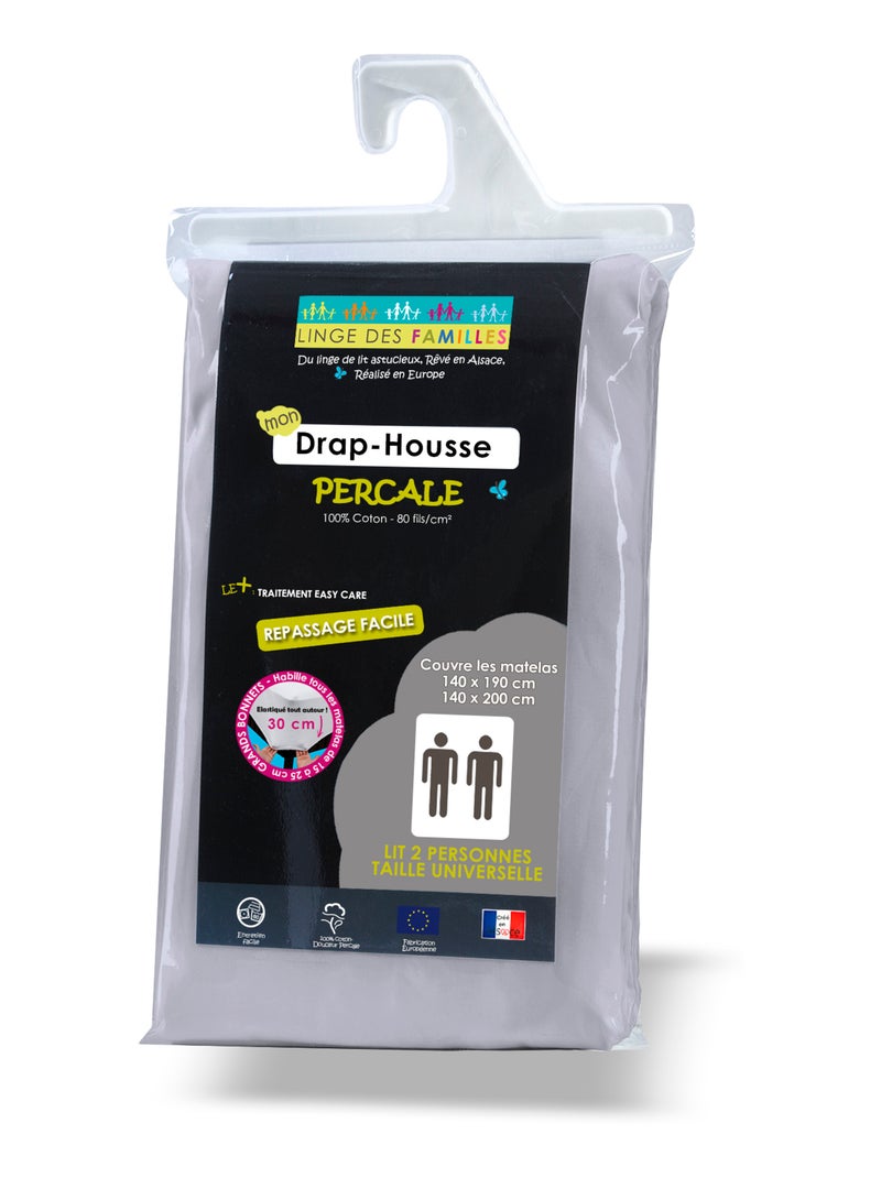 Drap-Housse Percale 100% Coton - 80 fils/cm² - Grand Bonnet - Linge des Familles Gris - Kiabi