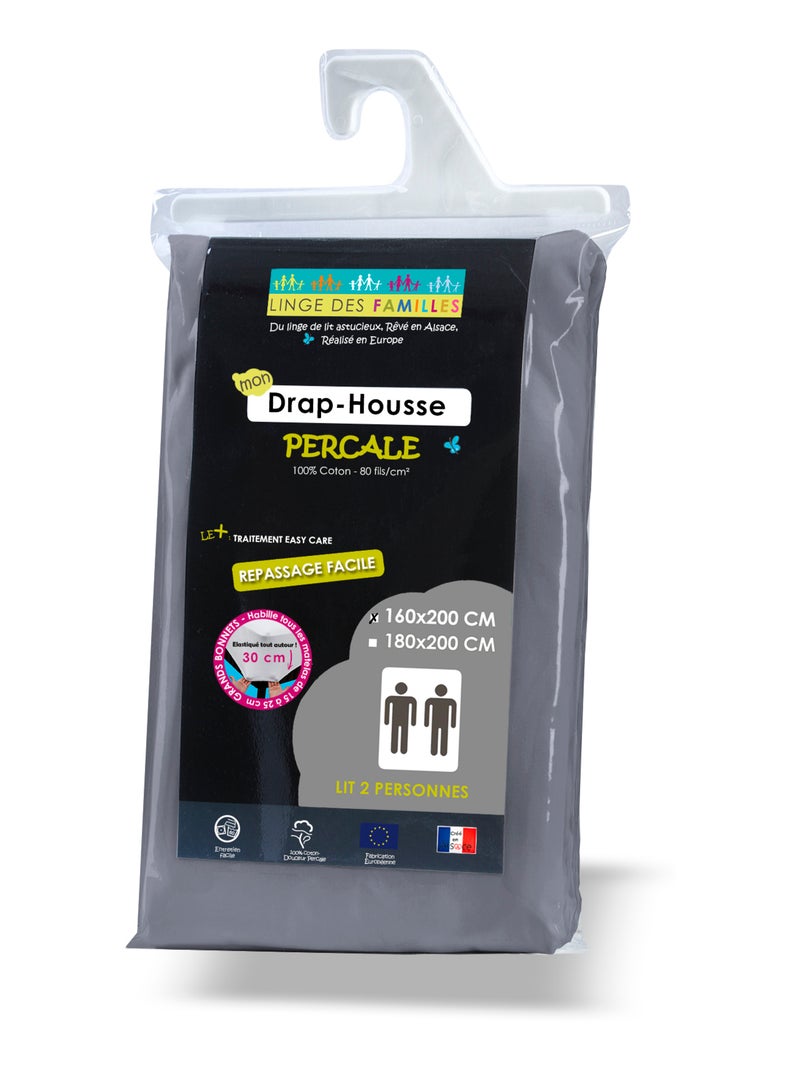 Drap-Housse Percale 100% Coton - 80 fils/cm² - Grand Bonnet - Linge des Familles Gris foncé - Kiabi