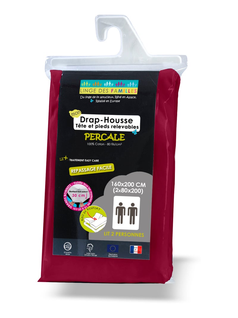 Drap-Housse Percale 100% Coton - 80 fils/cm² - Grand Bonnet - Linge des Familles Rouge cerise - Kiabi