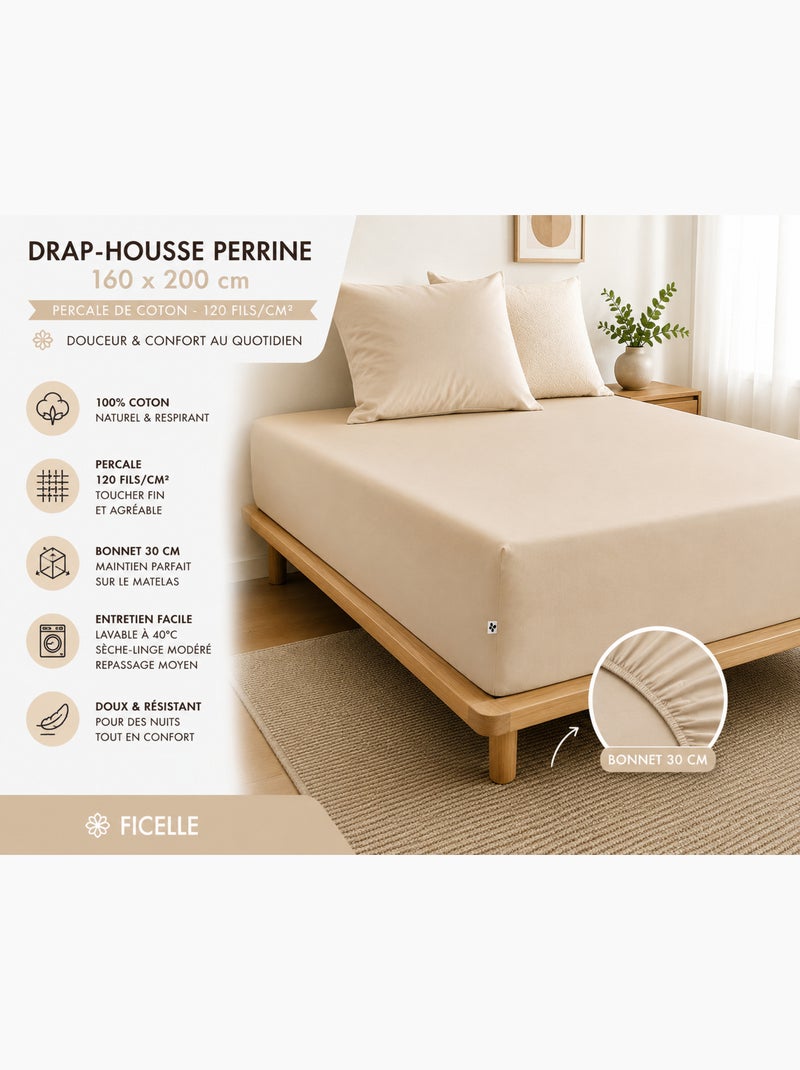 Drap-Housse Percale de Coton 120 Fils Unie PERRINE Beige clair - Kiabi