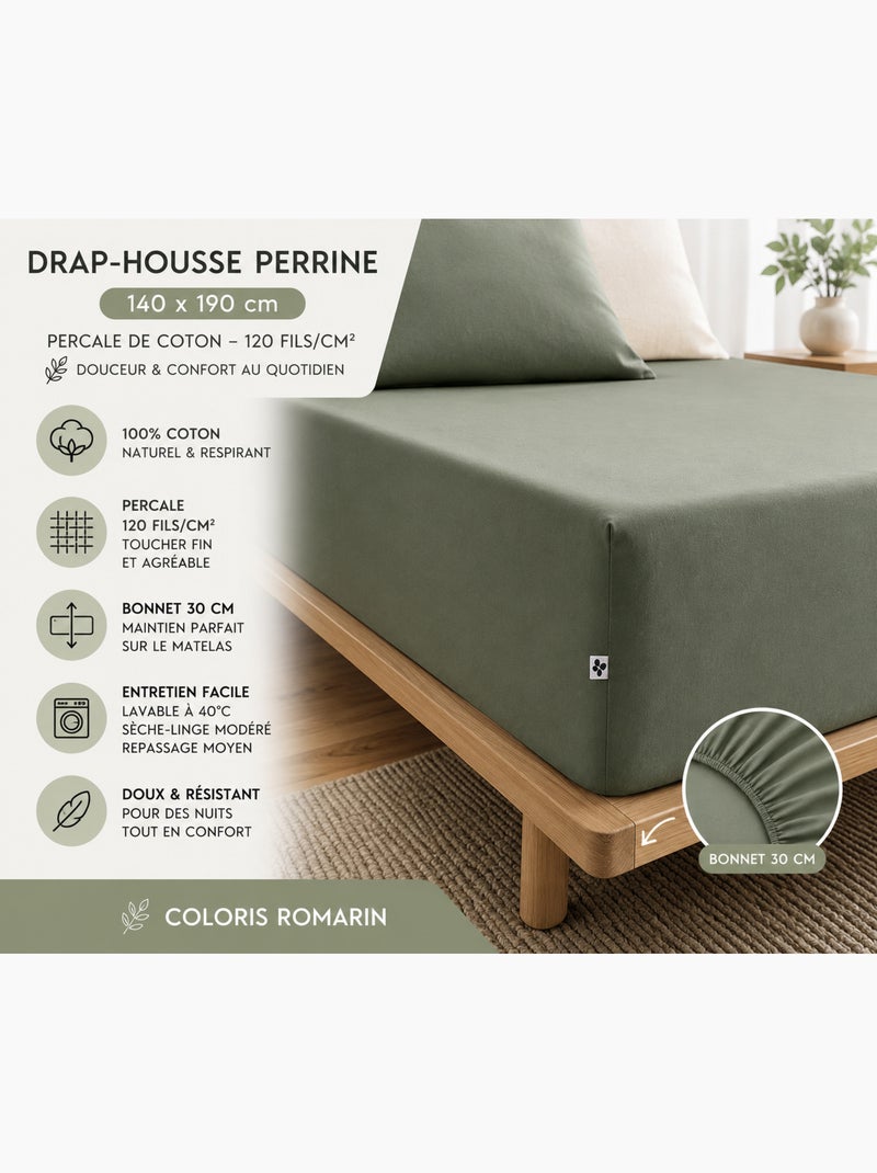 Drap-Housse Percale de Coton 120 Fils Unie PERRINE Kaki - Kiabi