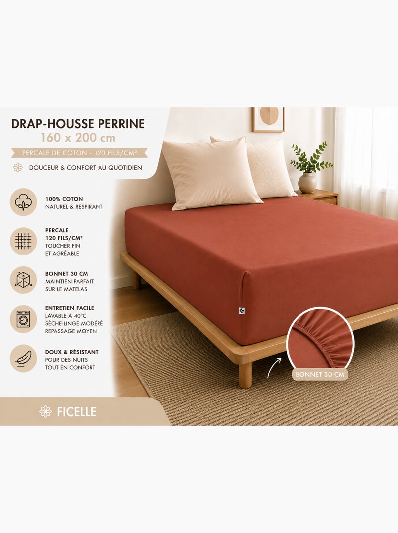 Drap-Housse Percale de Coton 120 Fils Unie PERRINE Tomette - Kiabi