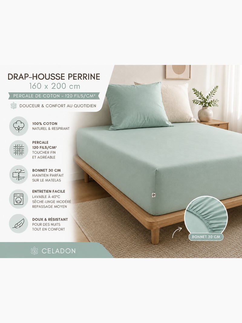 Drap-Housse Percale de Coton 120 Fils Unie PERRINE Vert clair - Kiabi