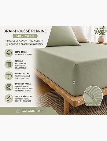 Drap-Housse Percale de Coton 120 Fils Unie PERRINE