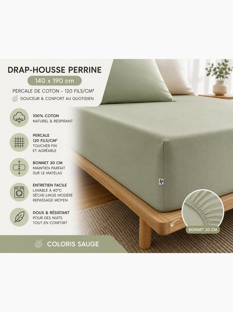 Drap-Housse Percale de Coton 120 Fils Unie PERRINE Vert Sauge - Kiabi
