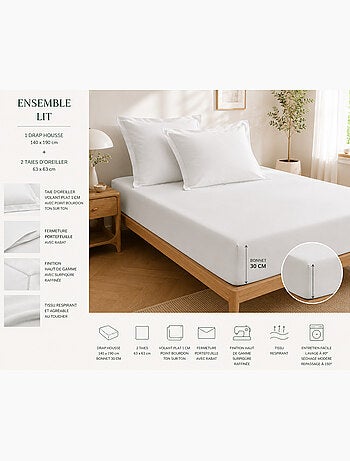 Drap housse qualité hôtel + 2 taies en percale 78 fils