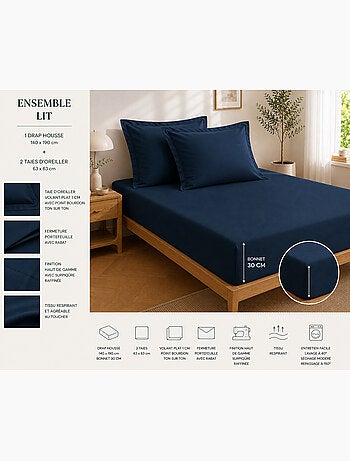 Drap housse qualité hôtel + 2 taies en percale 78 fils