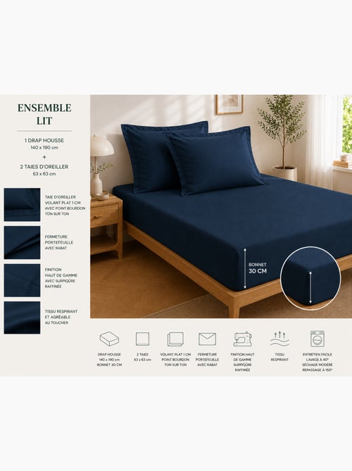 Drap housse qualité hôtel + 2 taies en percale 78 fils - Kiabi Drap housse qualité hôtel + 2 taies en percale 78 fils - Kiabi