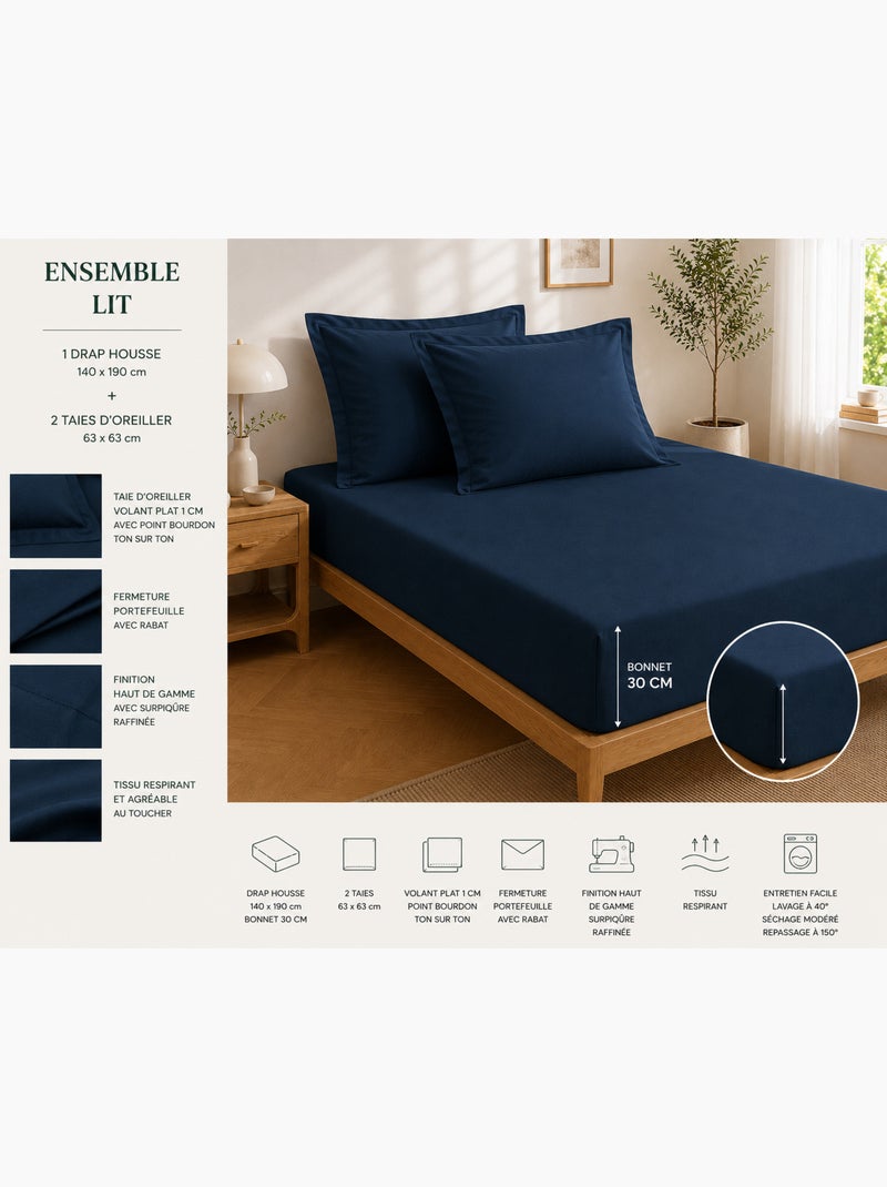 Drap housse qualité hôtel + 2 taies en percale 78 fils Bleu nuit - Kiabi