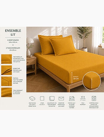 Drap housse qualité hôtel + 2 taies en percale 78 fils