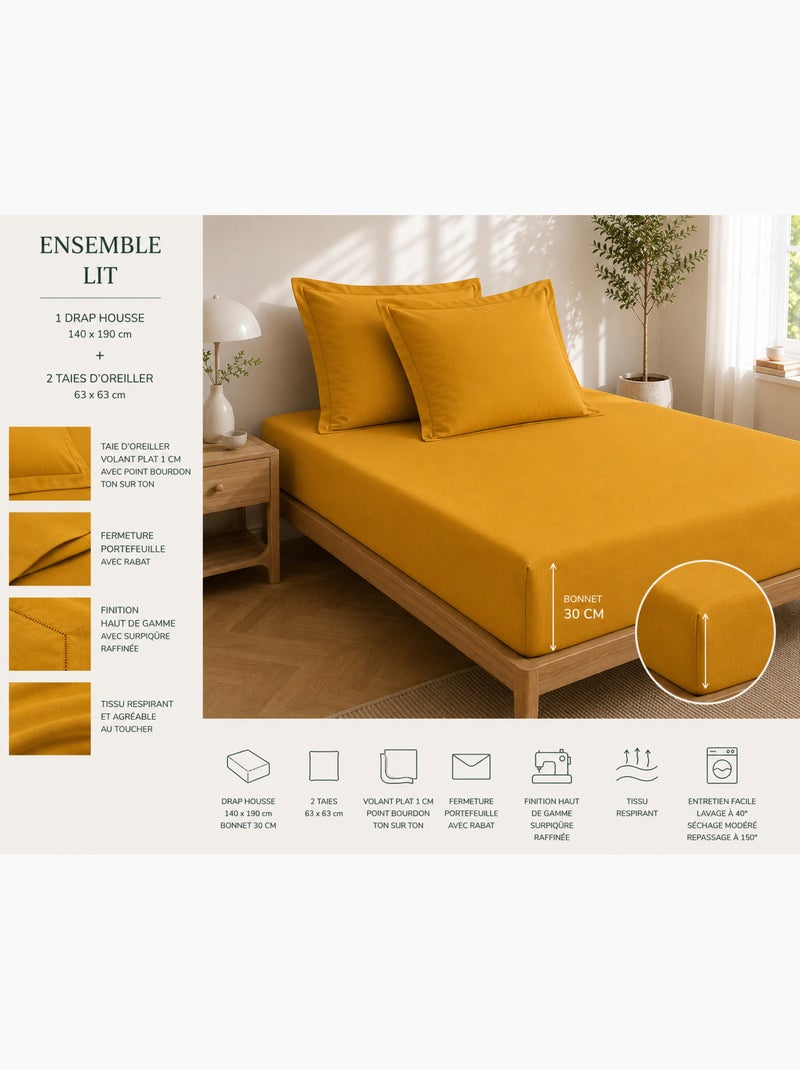 Drap housse qualité hôtel + 2 taies en percale 78 fils Curry - Kiabi