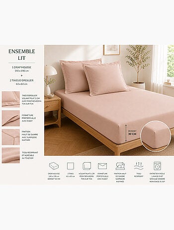 Drap housse qualité hôtel + 2 taies en percale 78 fils
