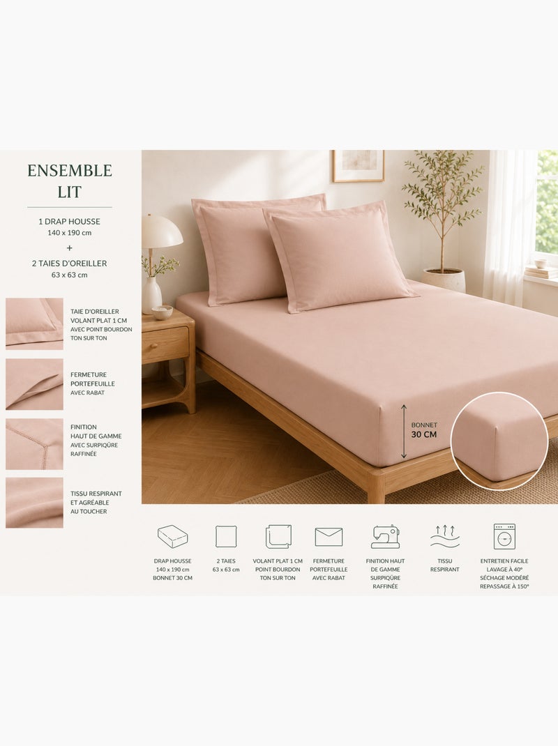 Drap housse qualité hôtel + 2 taies en percale 78 fils Nude - Kiabi