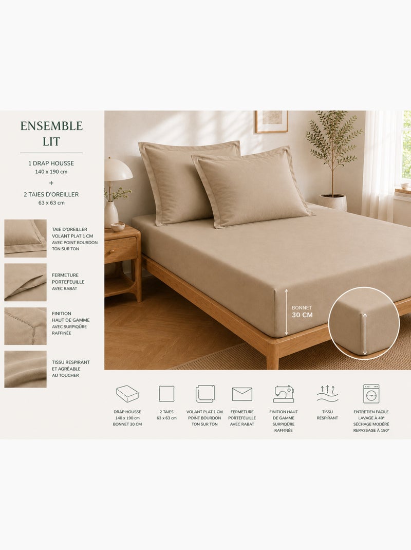 Drap housse qualité hôtel + 2 taies en percale 78 fils Sable - Kiabi