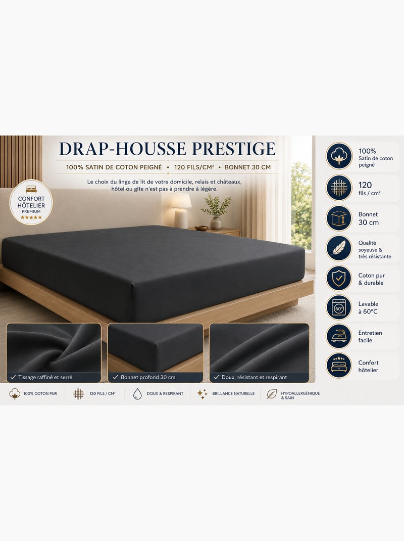 Drap-housse – Satin de coton 120 fils/cm² – Bonnet 30 cm gris anthracite - Kiabi