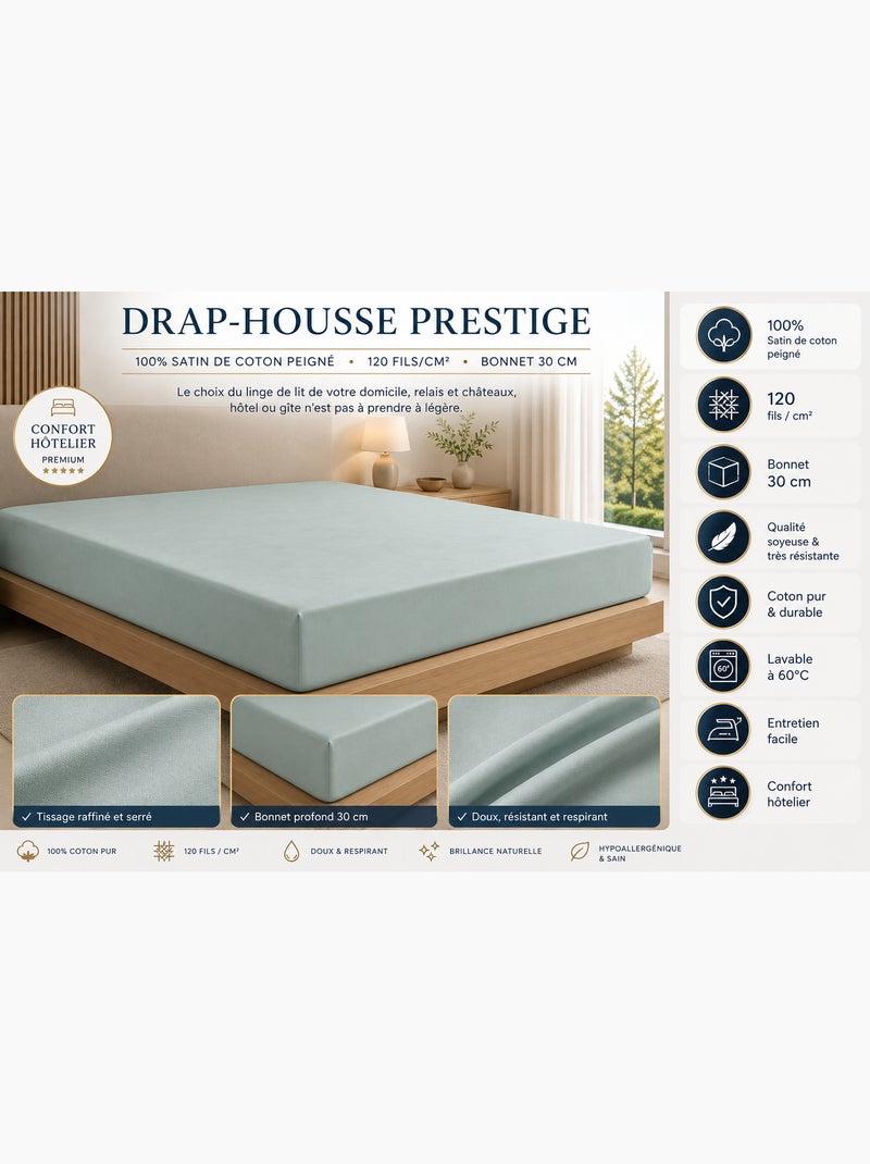 Drap-housse – satin de coton 120 fils/cm² – bonnet 30 cm Vert clair - Kiabi
