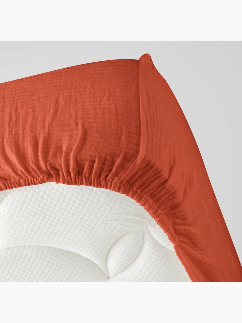 Drap-housse Sienna – Gaze de coton & coton 57 fils – Bonnet 30 cm Terracotta - Kiabi
