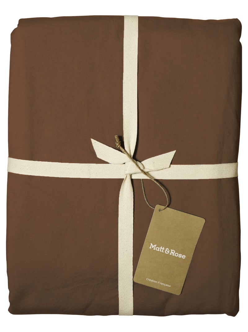 Drap-housse uni en coton, COTON LAVÉ Marron chocolat - Kiabi
