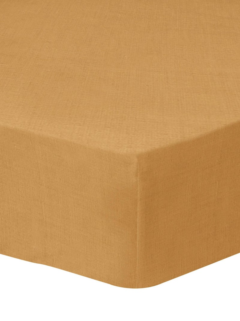 Drap-housse uni en lin, LIN LAVÉ Marron caramel - Kiabi