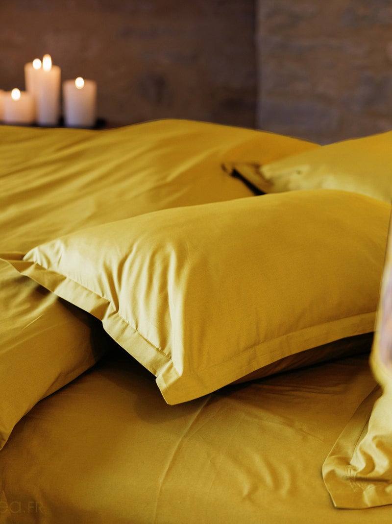 Drap housse uni percale de coton MANOIR Bonnet de 35 cm Moutarde - Kiabi