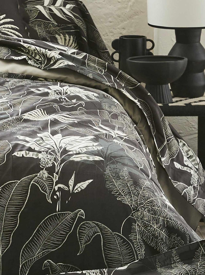 Drap plat en satin aux feuilles tropicales gris anthracite - Kiabi