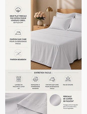 Drap Plat Percale – Pur Coton Peigné Longues Fibres 80 Fils/cm²