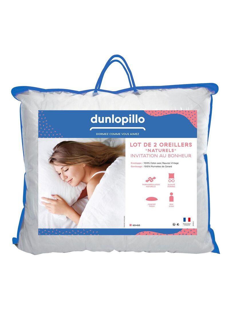 Lot de 2 oreillers invitation au bonheur - 100% plumettes - dunlopillo  Couleur blanc Dunlopillo