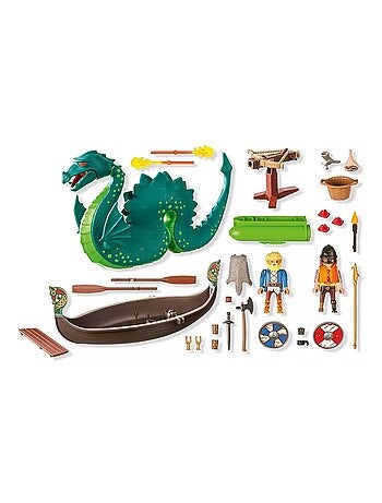 Duo de Vikings, barque, canon et monstre marin