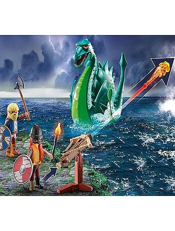 Duo de Vikings, barque, canon et monstre marin