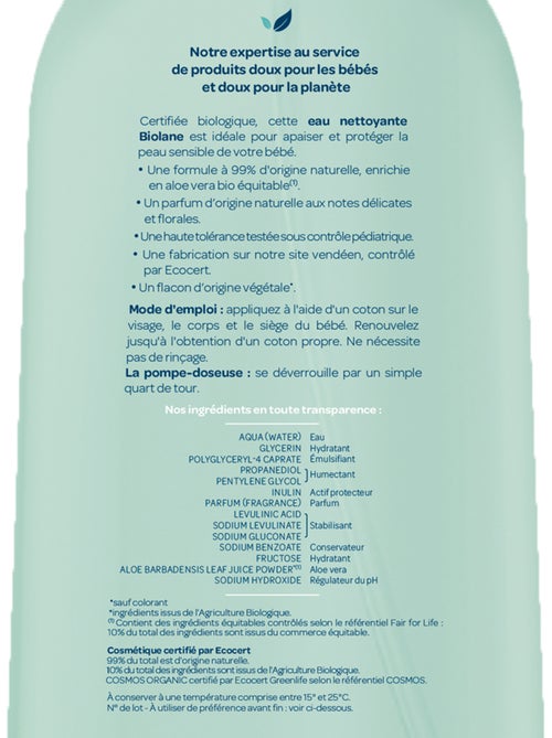 Eau nettoyante certifiée biologique 500ml biolane - Kiabi