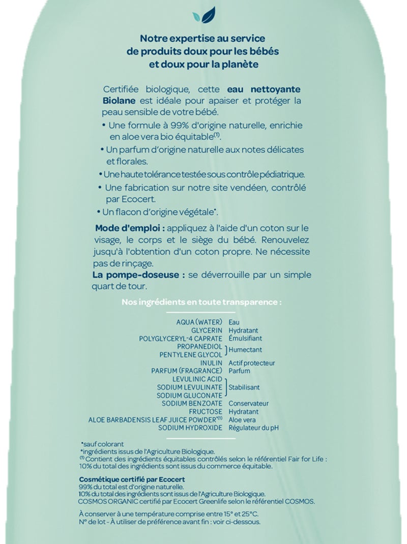 Eau nettoyante certifiée biologique 500ml biolane Multicolore - Kiabi