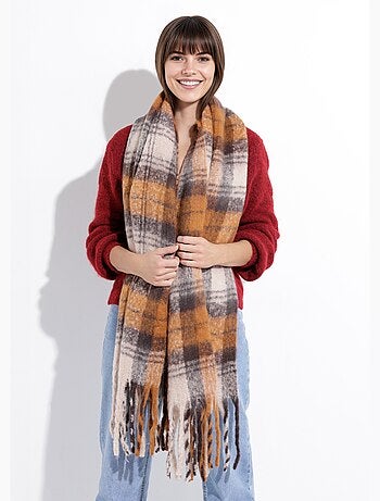 Echarpe longue à carreaux, à franges