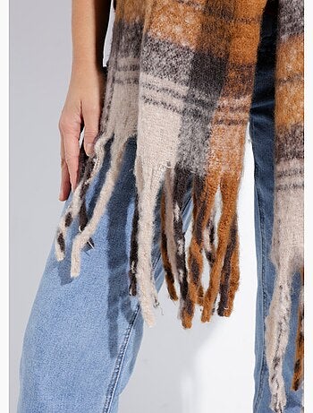 Echarpe longue à carreaux, à franges