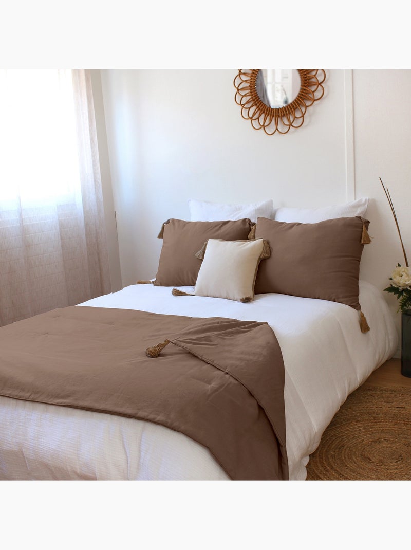 Edredon bout de lit en coton avec pompons Cocon Taupe - Kiabi