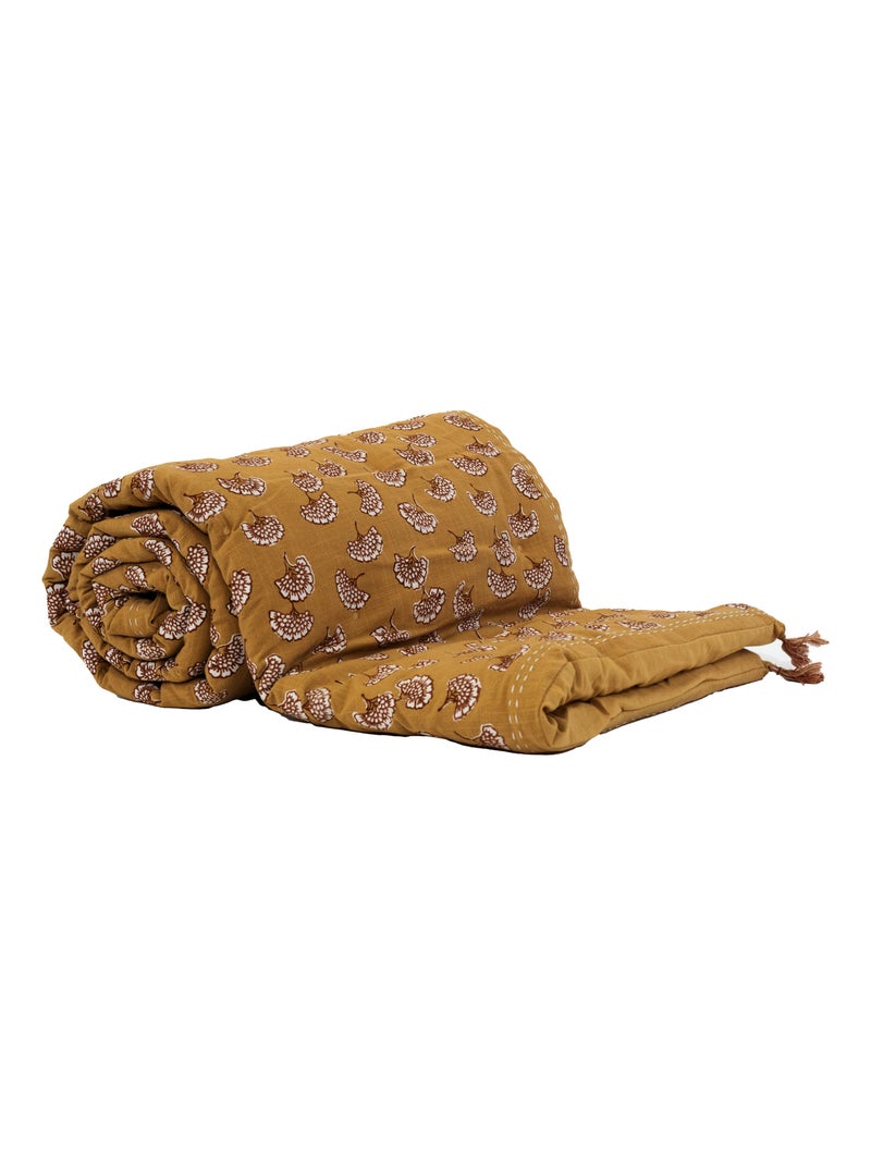 Édredon imprimé 100% coton avec pompon Jaune - Kiabi