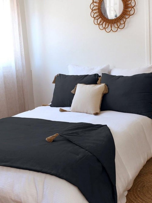 Édredon Panama 90x190 cm pompons jute gris foncé - Kiabi