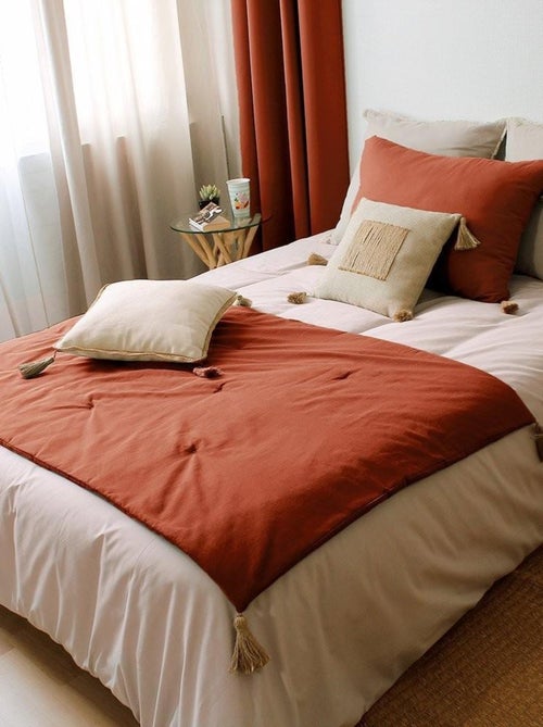 Édredon Panama 90x190 cm pompons jute terracotta - Kiabi