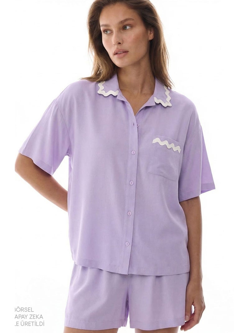 Ella ensemble de pyjama chemise, dentelle, manches courtes et short penti Lavande - Kiabi