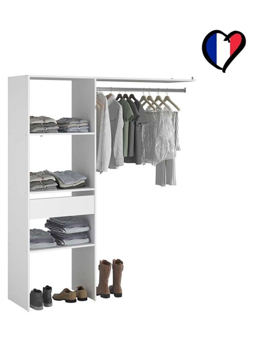 ELYSEE Dressing blanc 3 étagères, 1 tiroir, penderie 160 x 40 x 180 cm - Kiabi