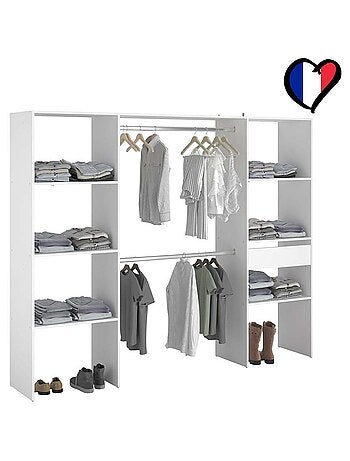 ELYSEE Dressing blanc 6 étagères, 1 tiroir, 2 penderies 220 x 40 x 180 cm