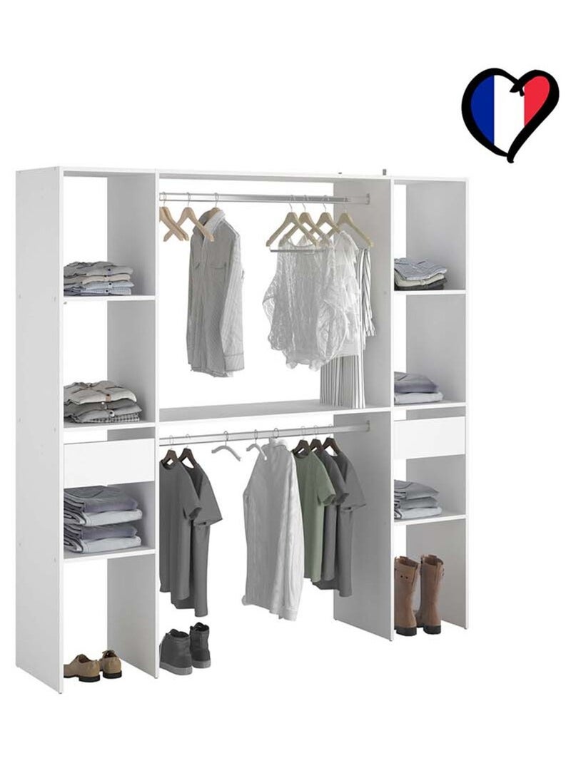 ELYSEE Dressing blanc 6 étagères, 2 tiroirs, 2 penderies 180 x 40 x 180 cm Blanc - Kiabi
