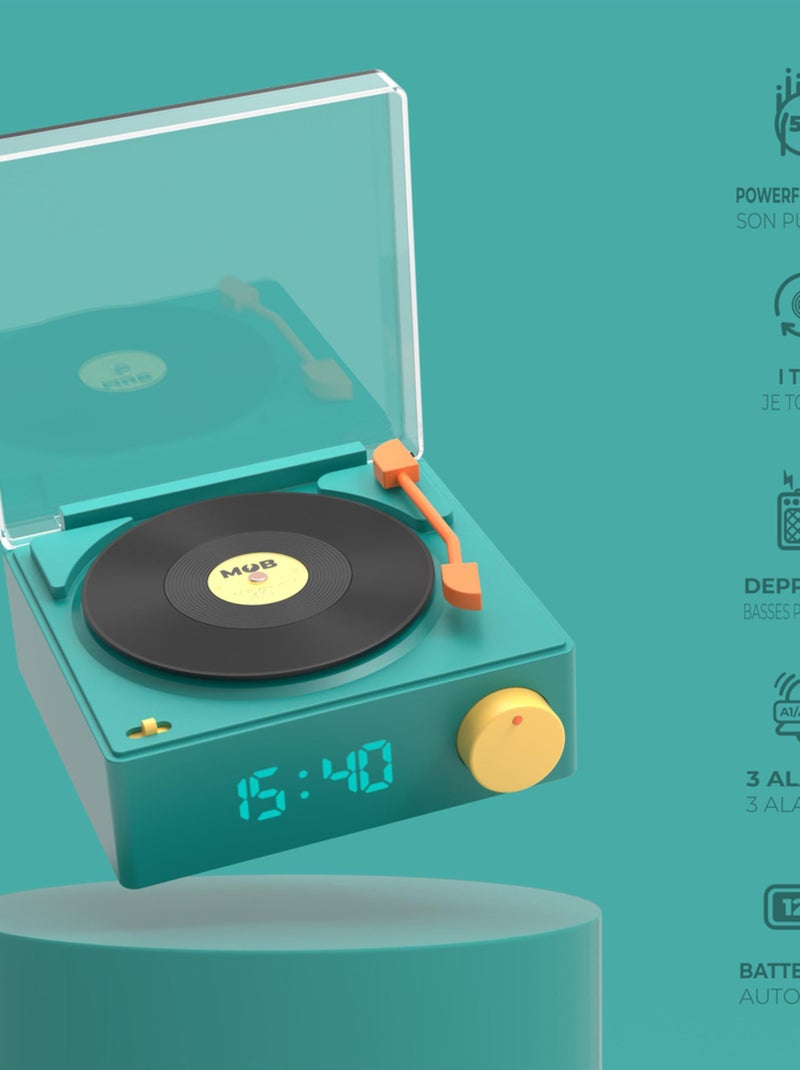 Enceinte Bluetooth VS-80 Rétro avec Réveil Intégré - Design Tourne-disque Vintage - MOB Bleu - Kiabi